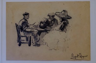 Figures assises, Narcís Puget Riquer, dessin au fusain, musée Puget, maison noble de Can LLaudis, Dalt Vila, Ibiza, îles Baléares, Espagne - Puget Riquer