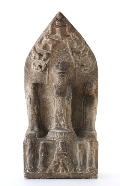 Trinité bouddhiste en relief sur des piédestaux de lotus devant un fond pointu - Qing Dynasty Chinese School