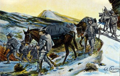 Première Guerre mondiale : groupe de chasseurs alpins italiens en reconnaissance avec leurs mules en 1915. Illustration par Quinto Cenni - Quinto Cenni