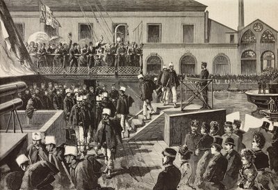 Soldats italiens embarquant sur le navire Washington, Naples, Italie, troisième expédition italienne en mer Rouge, gravure d