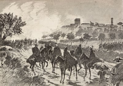 Soldats italiens à cheval se déplaçant de Copreno à Cermenate, Italie, gravure d