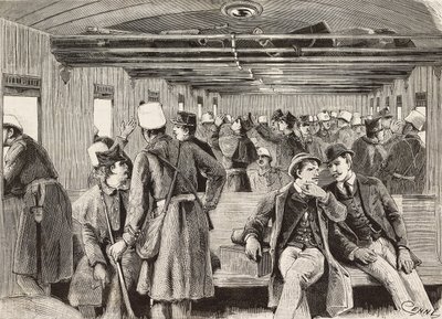 Soldats italiens en train pour Naples, Italie, deuxième expédition italienne en mer Rouge, gravure d