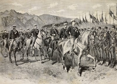 Le roi Umberto I inspecte les lanciers de Florence, avec le général Martin di Montu derrière lui, 28 septembre, exercices de cavalerie à Pordenone, Italie, gravure d