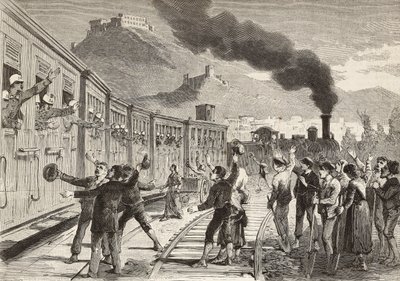 Hommes et femmes disant au revoir aux soldats italiens partant de la gare de Cassino, Italie, gravure d