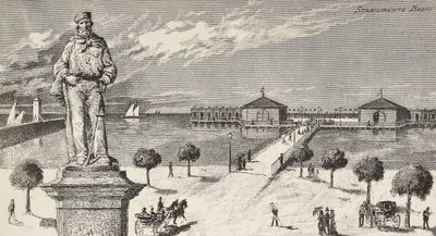 Monument à la mémoire de Giuseppe Garibaldi (1807-1882), homme politique et patriote italien, et établissement de bains en arrière-plan, Cesenatico, Italie - Quinto Cenni