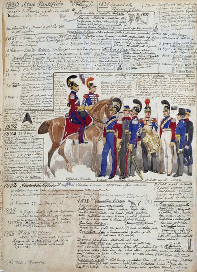Officiers et cadets à pied et à cheval, uniformes des États pontificaux - Quinto Cenni