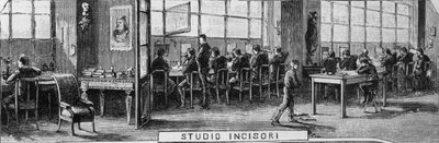 Bureaux des frères Treves, département des graveurs, Milan, Italie, illustration de Quinto Cenni (1845-1917) de L