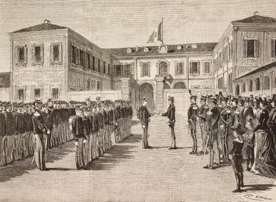 Le prince Vittorio Emanuele (1870-1946), comte de Turin, remet des diplômes aux cadets de l