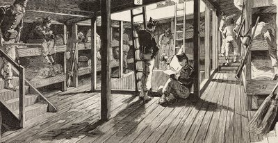 Soldats sous le pont dans le dortoir, navire Principe Amedeo, expédition italienne en mer Rouge, Italie (gravure) - Quinto Cenni