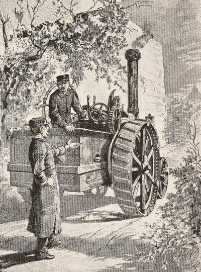 Deux ingénieurs militaires italiens sur une locomotive routière, dans leurs nouveaux uniformes, gravure d