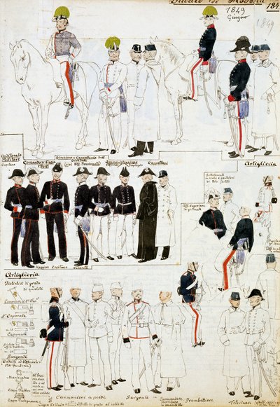 Uniformes du Duché de Modène en 1849, planche du Codex Cenni, collection de croquis militaires à l
