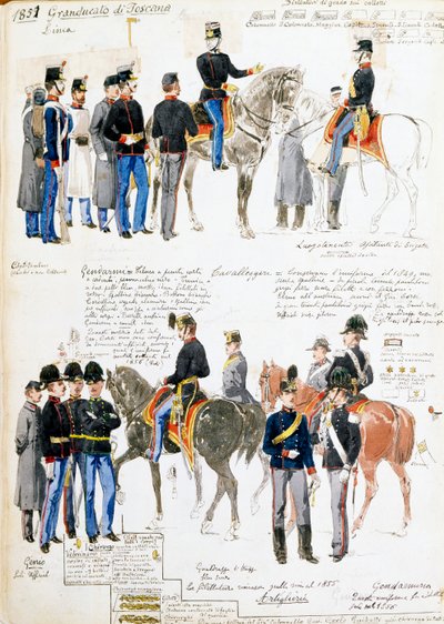 Uniformes du Grand-Duché de Toscane en 1851, planche tirée du codex Cenni, collection de croquis militaires dessinés par Quinto Cenni (1845-1917) - Quinto Cenni
