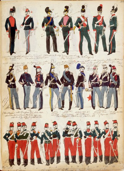 Divers uniformes italiens en usage vers 1860 par Quinto Cenni, planche en couleur - Quinto Cenni