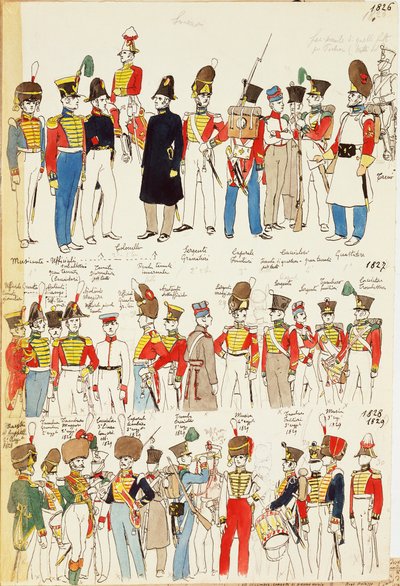 Divers uniformes, datant de 1826 à 1829. Planche en couleur par Cenni Quinto - Quinto Cenni