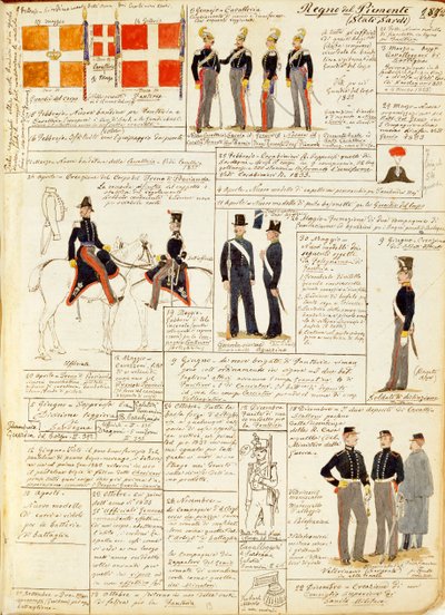 Divers uniformes du Royaume de Sardaigne, planche en couleur par Quinto Cenni - Quinto Cenni