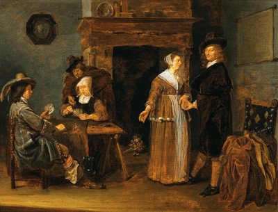 French : "Société décontractée", deux femmes et trois hommes à la table de cartes Interior with card players - Quirijn van Brekelenkam