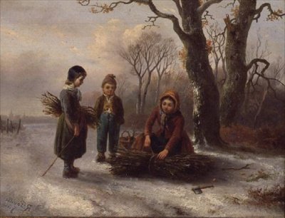 Enfants ramassant des bûches, c.1884 - R. Favelle