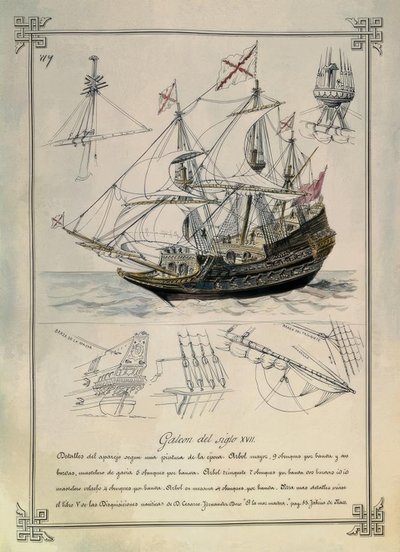 Galion du XVIIe siècle dans un dessin du XIXe siècle - Rafael Monleon y Torres