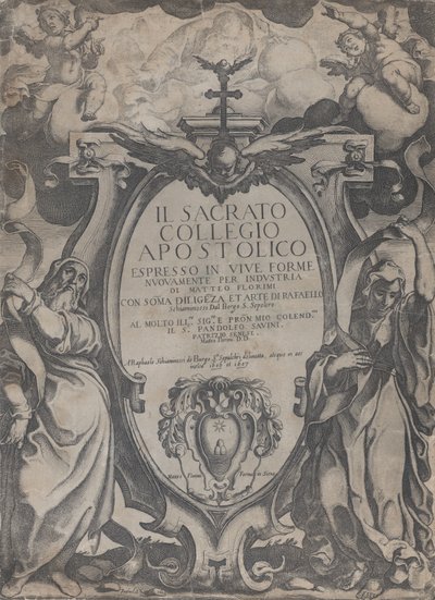 Frontispice avec deux figures tenant des rouleaux et des chérubins flanquant le cartouche au centre, 1606-07 - Raffaello Schiaminossi