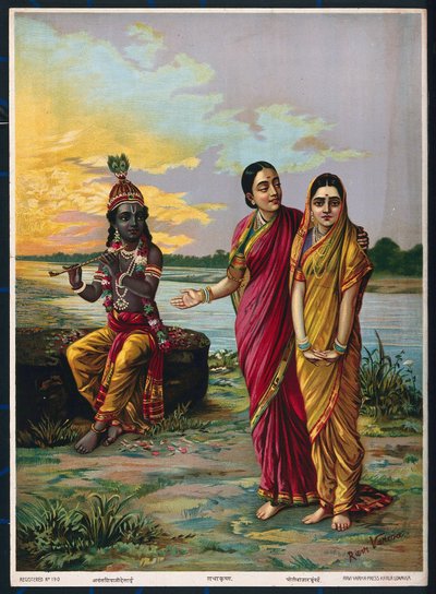 Krishna déclarant son amour à Radha via une confidente, après 1900 - Raja Ravi Varma