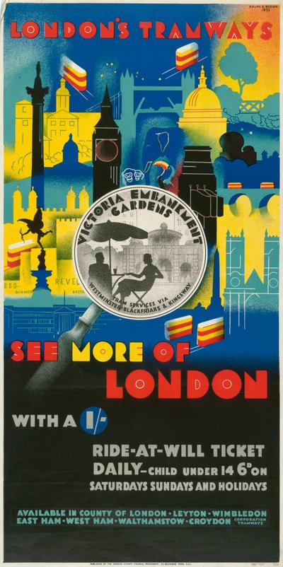 Découvrez plus de Londres avec un shilling, affiche des tramways du London County Council LCC, 1933 - Ralph and Brown Studios