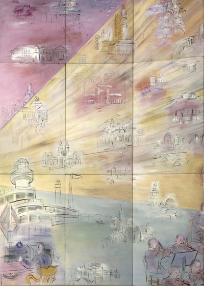 La Fee Electricite, détail de la partie gauche représentant différentes villes - Raoul Dufy