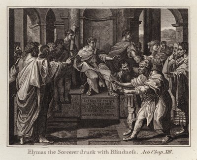 Carton de Raphaël : Elymas le Sorcier frappé de cécité, Actes, Chap XIII (gravure) - after Raphael
