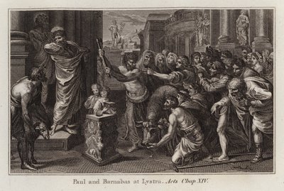 Carton de Raphaël : Paul et Barnabas à Lystre, Actes, Chap XIV (gravure) - after Raphael