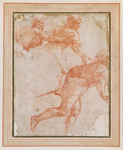 Un soldat courant à droite et deux cavaliers avec les bras tendus - Raphael