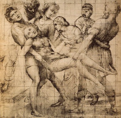 Dessin préparatoire pour le Transport du Christ mort également connu sous le nom de pala Baglioni; œuvre de Raphaël. Gabinetto dei Disegni e Stampe, Uffizi, Florence - Raffaello Sanzio Raphael