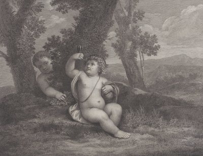 Le jeune Bacchus assis sous un arbre, levant un verre de vin, avec un autre enfant derrière, 1780 - Raphael Morghen