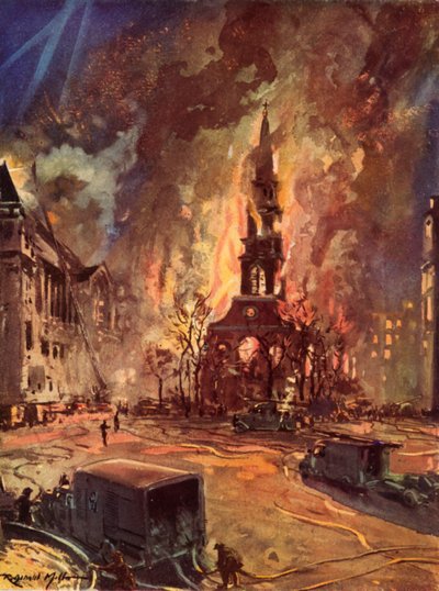 Église Saint-Clément-Danes, Strand, Londres, en feu pendant le Blitz, Seconde Guerre mondiale - Reginald Mills