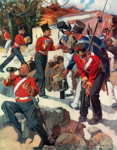 Entente Cordiale - Troupes anglaises et françaises partageant des cadeaux lors de la campagne de Wellington dans la péninsule (lithographie couleur) - Reginald Thomas Cleaver