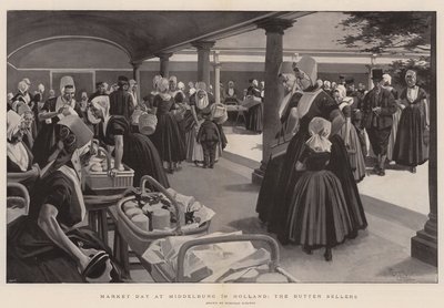 Jour de marché à Middelburg en Hollande, les vendeurs de beurre (litho) - Reginald Thomas Cleaver