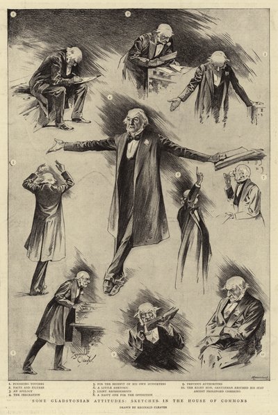 Quelques attitudes gladstoniennes, croquis à la Chambre des communes (gravure) - Reginald Thomas Cleaver