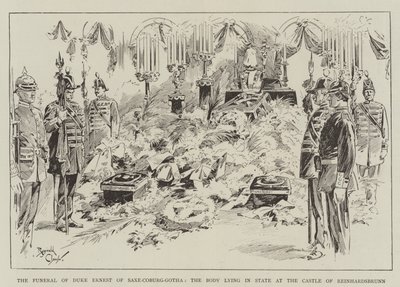 Les funérailles du duc Ernest de Saxe-Cobourg-Gotha, le corps reposant au château de Reinhardsbrunn (gravure) - Reginald Thomas Cleaver
