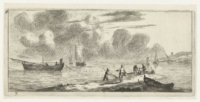 Ligne de côte avec des hommes pêchant en eau peu profonde - Reinier Nooms