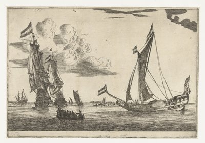Deux navires de guerre et un yacht (treize scènes avec des navires) - Reinier Nooms
