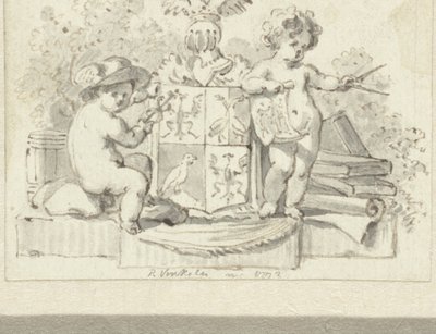 Deux putti, avec compas et caducée, près des armoiries de Schoemaker - Reinier Vinkeles (I)