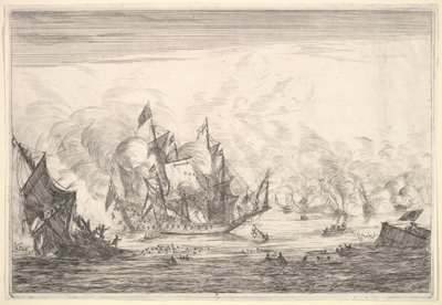 Bataille navale avec un navire anglais sombrant à gauche, de Batailles navales Nieuwe Sc - Reinier Zeeman