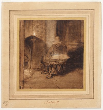 Intérieur, avec un homme assis près d