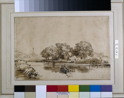 Un homme ramant un bateau sur le Bullewijk, avec vue vers Ouderkerk, vers 1650 - Rembrandt Harmensz. van Rijn