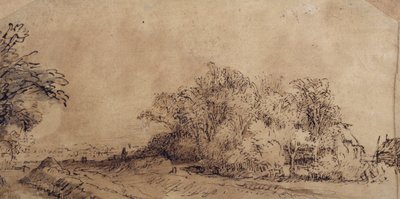 Une route accidentée le long de la digue avec des arbres cachant une ferme - Rembrandt Harmensz. van Rijn