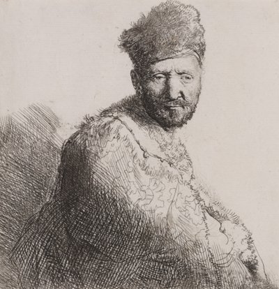 Homme barbu avec un bonnet oriental en fourrure et une robe - Rembrandt van Rijn