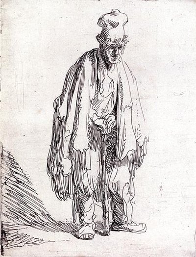 Mendiant avec un grand chapeau debout - Rembrandt Harmensz. van Rijn