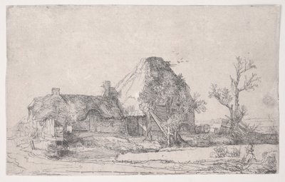 Cottage et bâtiments de ferme avec un homme dessinant - Rembrandt van Rijn