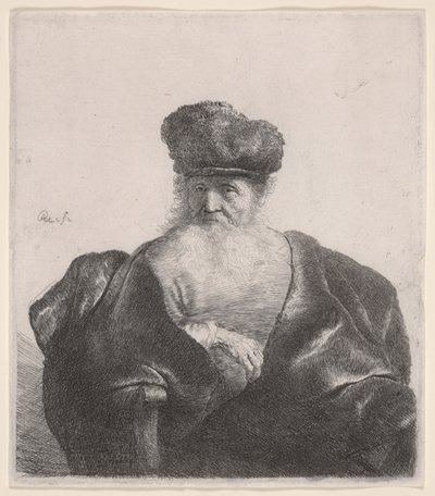Vieil homme à la barbe flottante, bonnet de fourrure et manteau de velours (eau-forte) - Rembrandt van Rijn