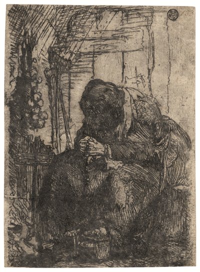 Vieille femme assise dans une chaumière avec une ficelle d