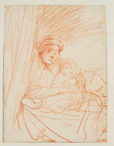 Saskia assise dans son lit, tenant un enfant - Rembrandt van Rijn
