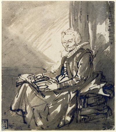 Femme assise avec un livre ouvert sur les genoux, vers 1639 (plume, encre brune et lavis brun) - Rembrandt Harmensz. van Rijn